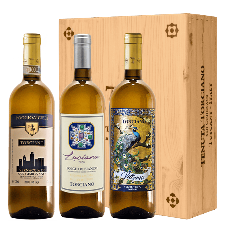 Vittoria Giachi White Selection : Vernaccia, Bolgheri, Vermentino 2021 - 2022 with wooden box